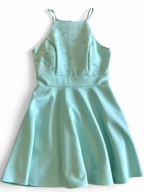 Light Blue Fit and Flare Floral Eyelet Halter Neck Mini Dress Size Small